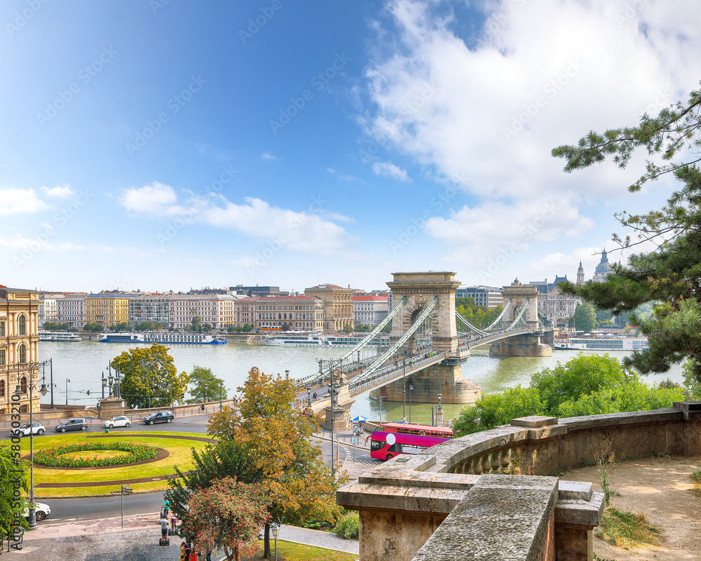 Breathtaking cityscape of Budapest  with  Széchenyi Chain bridge over Danube river