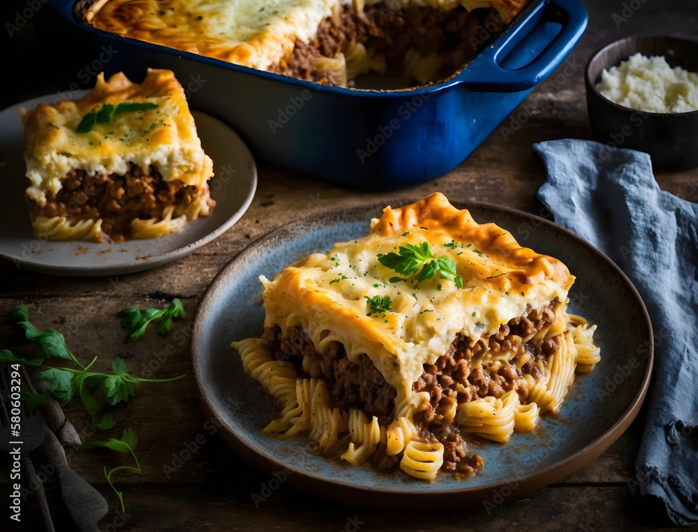 Pastitsio is a classic Greek dish. Served in a deep casserole dish, the dish is made up of layers of tender pasta, savory ground beef, and a creamy béchamel sauce, AI generated
Pastitsio is a classic Greek dish. Served in a deep casserole dish, the dish is made up of layers of tender pasta, savory ground beef, and a creamy béchamel sauce, AI generated
