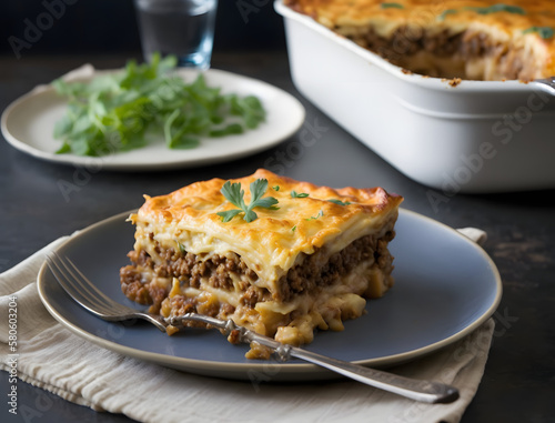 Pastitsio is a classic Greek dish. Served in a deep casserole dish, the dish is made up of layers of tender pasta, savory ground beef, and a creamy béchamel sauce, AI generated
