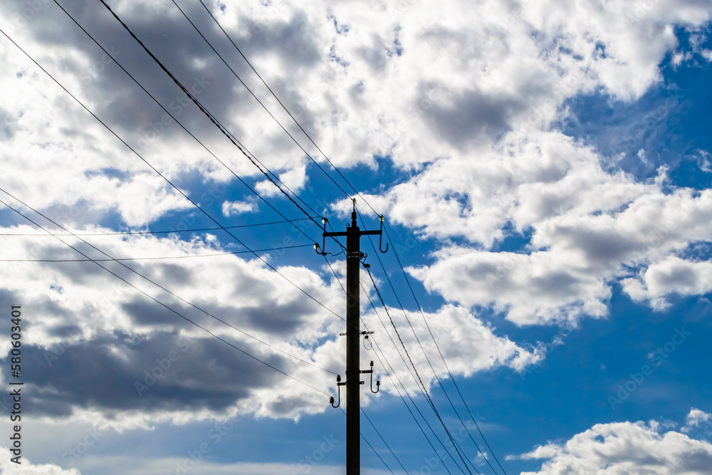 Power electric pole with line wire on colored background close up Power electric pole with line wire on colored background close up