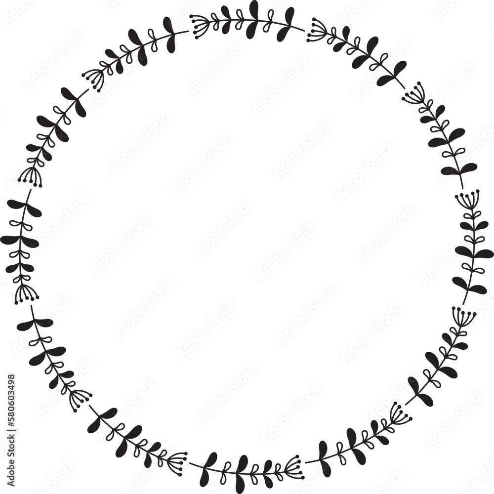 Fototapeta premium Hand drawn round floral frame isolated on white background. Vector doodle wreath.