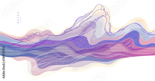 Nature art oriental Japanese style vector abstract background, runny like water shapes and lines with textures.