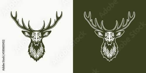 Vintage retro hunting adventure element. Deer head. Can be used for emblem, logo, badge, label. mark, poster or print. Monochrome Graphic Art. Vector Illustration.
