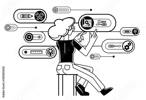Engineer working on a project, mechanic specialist doing his job on draft plan vector outline illustration, creative inventor, machine repair.