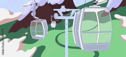 Cableway with suspended cablecars, empty glass cabins, cars on ropes. Summer nature landscape panorama with aerial trams, carriages, touristic transport in mountains. Flat vector illustration