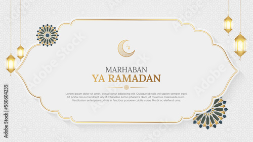 Ramadan Kareem Islamic white and golden background with Arabic pattern ornaments photo