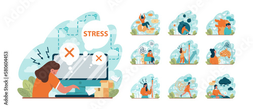Psychological stress set. Character experiencing mental health