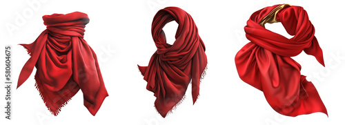 A set of three red satin scarves on a transparent background, Generative AI