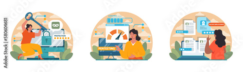 Ethical hacker set. Character conducting a security penetration test. White