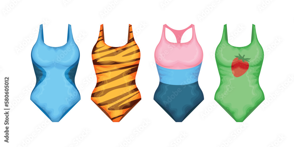 Swimwear set. A set of four swimsuits in different colors. Women s beachwear. A bathing accessory. Vector illustration