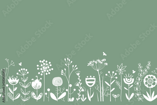 Fairy flowers and herbs silhouettes border in Scandinavian style, seamless vector pattern. Doodle flower meadow background. Design for cards, wallpaper, home decor, craft packaging.