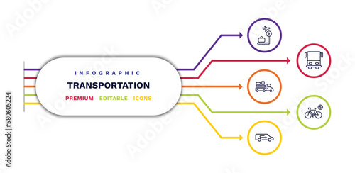 set of transportation thin line icons. transportation outline icons with infographic template. linear icons such as airport checking, loaded truck side view, recirculation, public transportation,