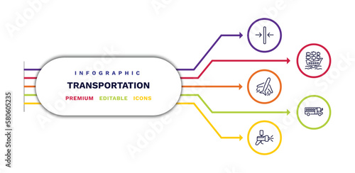set of transportation thin line icons. transportation outline icons with infographic template. linear icons such as slim, flights, car painting, galleon, school bus empty vector.