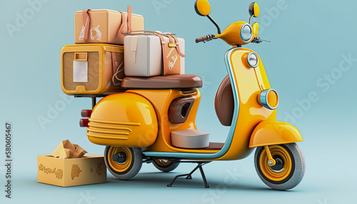 AI Generative Illustration of a Creative Photo of 3D render depicts a cartoon scooter carrying a package in the back for online shopping and delivery services