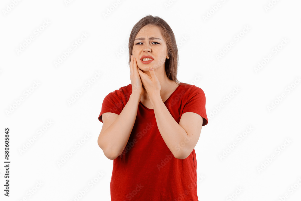Young brunette woman touching mouth with hand with painful expression because of toothache or dental illness on teeth, posing over white background. Tooth Pain And Dentistry Young brunette woman touching mouth with hand with painful expression because of toothache or dental illness on teeth, posing over white background. Tooth Pain And Dentistry