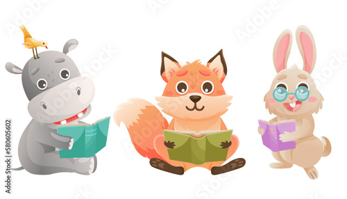 Cute little hippo, fox and bunny are reading book on a beach. Reading children concept illustration