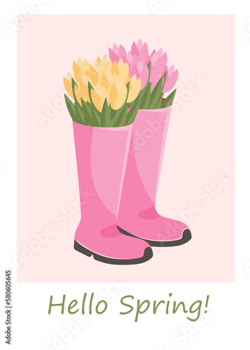 Greeting card with different tulips in rubber boots. Spring or summer vector illustration sketch