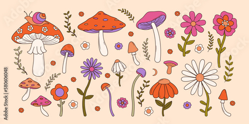 Set of colorful groovy flowers and mushrooms in 70s and 60s style. Vintage hippie elements for poster, card, graphic design. Psychedelic seventies stickers. Vector illustrations.