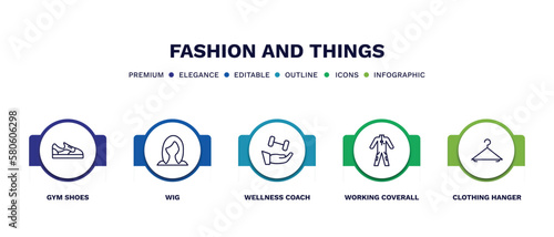 set of fashion and things thin line icons. fashion and things outline icons with infographic template. linear icons such as gym shoes, wig, wellness coach, working coverall, clothing hanger vector.