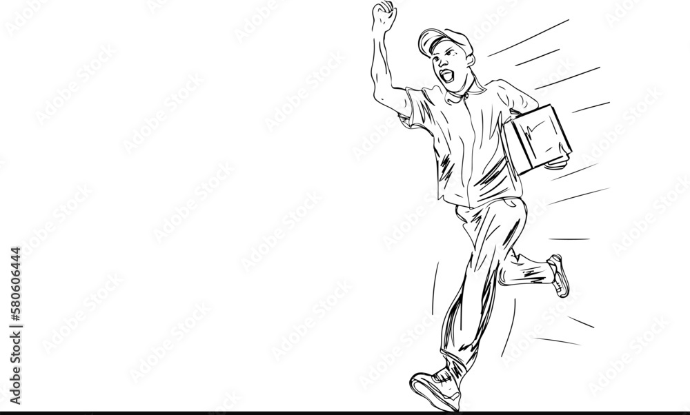 Sketch drawing of a running courier boy, A running courier Home delivery. Flat vector illustration, Pizza Delivery Boy Vector Art