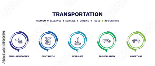 set of transportation thin line icons. transportation outline icons with infographic template. linear icons such as small helicopter, car traffic, gearshift, recirculation, midget car vector.
