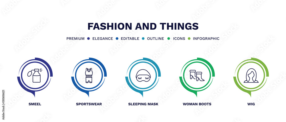 set of fashion and things thin line icons. fashion and things outline icons with infographic template. linear icons such as smeel, sportswear, sleeping mask, woman boots, wig vector. set of fashion and things thin line icons. fashion and things outline icons with infographic template. linear icons such as smeel, sportswear, sleeping mask, woman boots, wig vector.