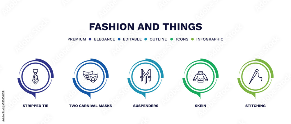 set of fashion and things thin line icons. fashion and things outline icons with infographic template. linear icons such as stripped tie, two carnival masks, suspenders, skein, stitching vector. set of fashion and things thin line icons. fashion and things outline icons with infographic template. linear icons such as stripped tie, two carnival masks, suspenders, skein, stitching vector.