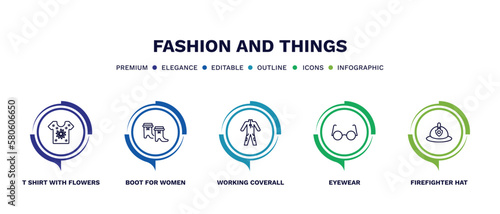 set of fashion and things thin line icons. fashion and things outline icons with infographic template. linear icons such as t shirt with flowers, boot for women, working coverall, eyewear,