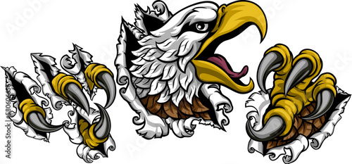 A bald eagle or hawk and claws with talons ripping or tearing through the background.