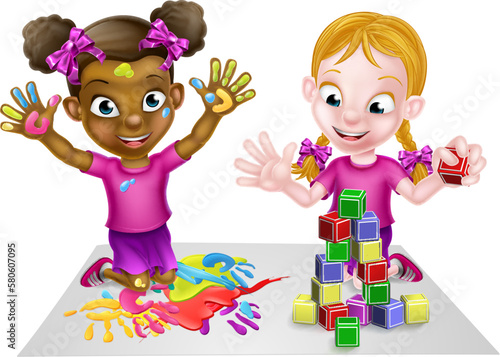 Cartoon girl children playi...