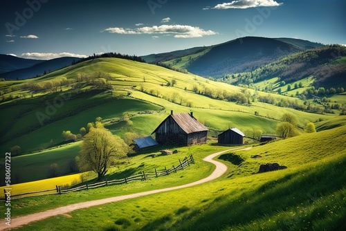 the beautiful countryside of Romania. sunny afternoon. wonderful springtime landscape in mountains. grassy field and rolling hills. rural scenery, AI generated