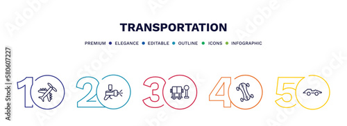 set of transportation thin line icons. transportation outline icons with infographic template. linear icons such as light aircraft, car painting, school bus stop, longboard, formula 1 vector.