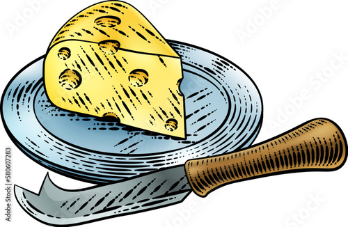 A wedge of Swiss cheese and knife in a vintage woodcut etching style