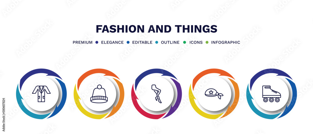 set of fashion and things thin line icons. fashion and things outline icons with infographic template. linear icons such as lab coat, knit hat, tights, pirate scarf, roller skater vector. set of fashion and things thin line icons. fashion and things outline icons with infographic template. linear icons such as lab coat, knit hat, tights, pirate scarf, roller skater vector.