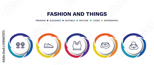 set of fashion and things thin line icons. fashion and things outline icons with infographic template. linear icons such as stud, shoe side view, gym clothes, shoulder bag, woman bag vector.