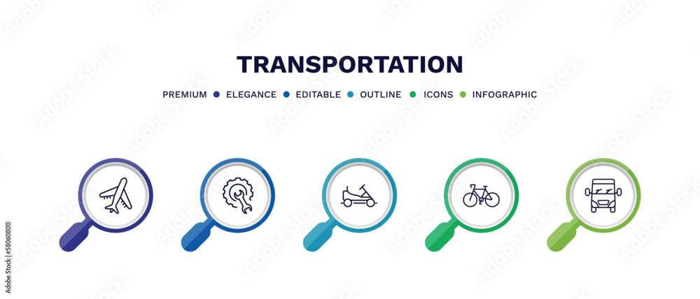 set of transportation thin line icons. transportation outline icons with infographic template. linear icons such as air transport, repair, go kart, bikes, van front view vector. set of transportation thin line icons. transportation outline icons with infographic template. linear icons such as air transport, repair, go kart, bikes, van front view vector.