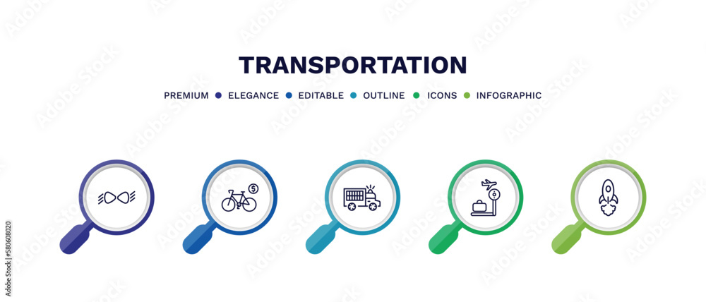 set of transportation thin line icons. transportation outline icons with infographic template. linear icons such as car lights, bicycle rental, prison bus, airport checking, space rocket launch set of transportation thin line icons. transportation outline icons with infographic template. linear icons such as car lights, bicycle rental, prison bus, airport checking, space rocket launch