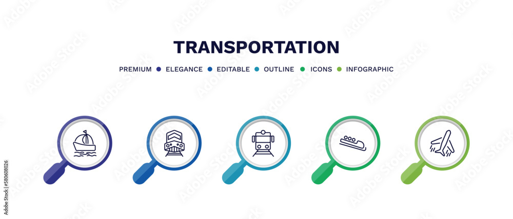 set of transportation thin line icons. transportation outline icons with infographic template. linear icons such as sailing boat with veils, diesel train, train front view, bobsleigh, flights set of transportation thin line icons. transportation outline icons with infographic template. linear icons such as sailing boat with veils, diesel train, train front view, bobsleigh, flights