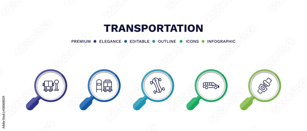 set of transportation thin line icons. transportation outline icons with infographic template. linear icons such as school bus stop, scholar bus stop, longboard, long car, seatbelt vector. set of transportation thin line icons. transportation outline icons with infographic template. linear icons such as school bus stop, scholar bus stop, longboard, long car, seatbelt vector.