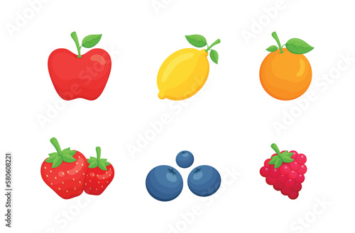 Fototapeta Naklejka Na Ścianę i Meble -  Set isometric of colorful fruit , isolated on white. Raster version illustration. Red apple,Lemon,orange, strawberry,blueberry,raspberry.