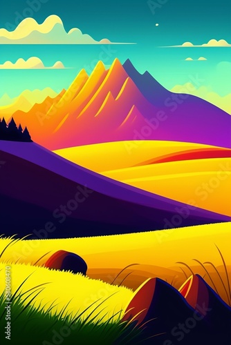 Grassland and mountain background  cartoon illustration style  Typography. Background for a poster  t-shirt or banner