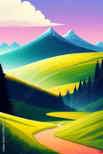 Grassland and mountain background, cartoon illustration style, Typography. Background for a poster, t-shirt or banner