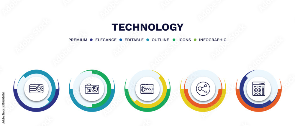 set of technology thin line icons. technology outline icons with infographic template. linear icons such as retro squared camera, photograph camera, tablet with picture, circular database, basic set of technology thin line icons. technology outline icons with infographic template. linear icons such as retro squared camera, photograph camera, tablet with picture, circular database, basic