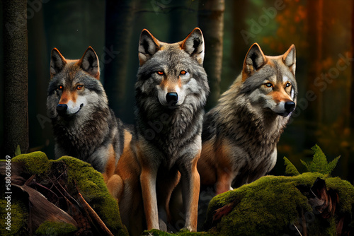 Three wolfs in a forest with dark background