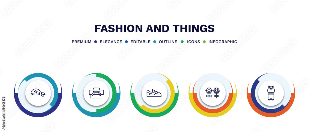set of fashion and things thin line icons. fashion and things outline icons with infographic template. linear icons such as pirate scarf, small toolbox, gym shoes, stud, sportswear vector. set of fashion and things thin line icons. fashion and things outline icons with infographic template. linear icons such as pirate scarf, small toolbox, gym shoes, stud, sportswear vector.