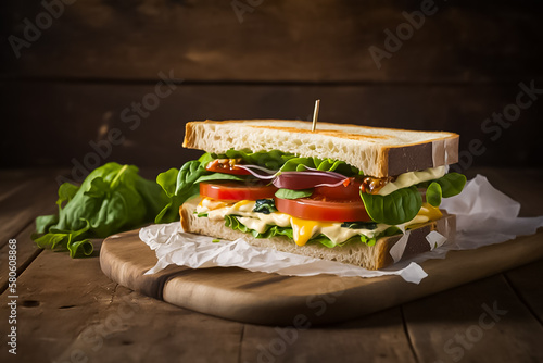 generative AI  Sandwich studio on wood. Filling meal between two bread slices with meats  cheeses  veggies   spreads. Customizable and convenient option for meals or snacks.