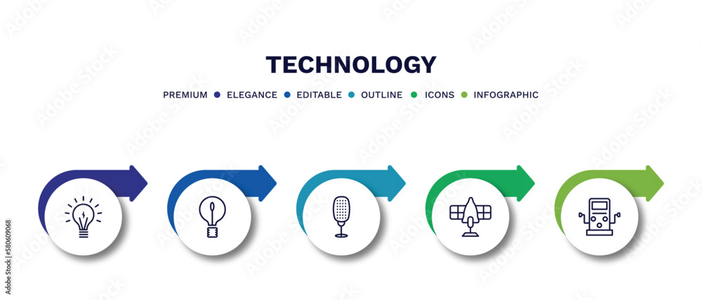 set of technology thin line icons. technology outline icons with infographic template. linear icons such as light on, big light bulb, old mic, solar plane, dialysis vector. set of technology thin line icons. technology outline icons with infographic template. linear icons such as light on, big light bulb, old mic, solar plane, dialysis vector.