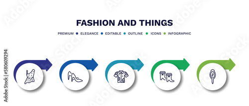 set of fashion and things thin line icons. fashion and things outline icons with infographic template. linear icons such as caveman, heel, hawaiian, boot for women, mirrors vector.