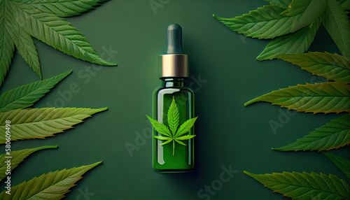 Hemp cbd oil serum in glass dropper bottle with cannabis leaves, Moisturizing cream, Serum, lotion, essential oil with Generative AI Technology