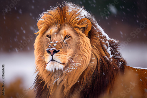 Lion in the snow with snow on his face
